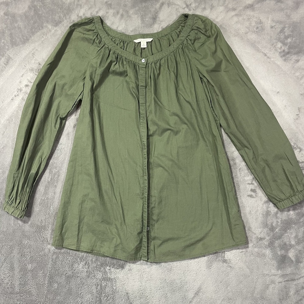 Banana Republic Peasant Blouse Medium Olive Green Cotton Long Sleeve Relaxed